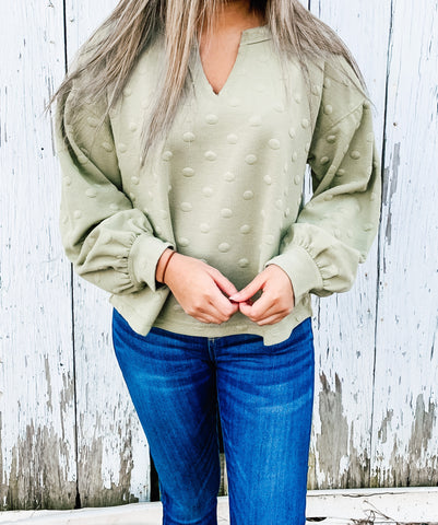 Light Olive Long Sleeve Swiss Dot Top