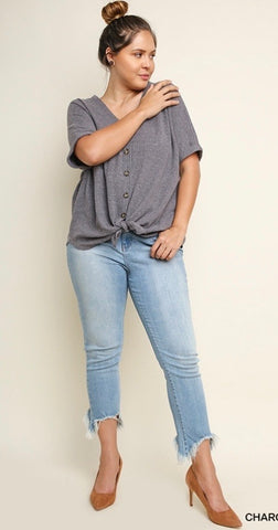 Charcoal Waffle Knit Button Up Front Waist Tie Top- Plus