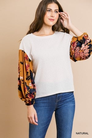 Natural Waffle Knit Top w/ Floral Sleeves