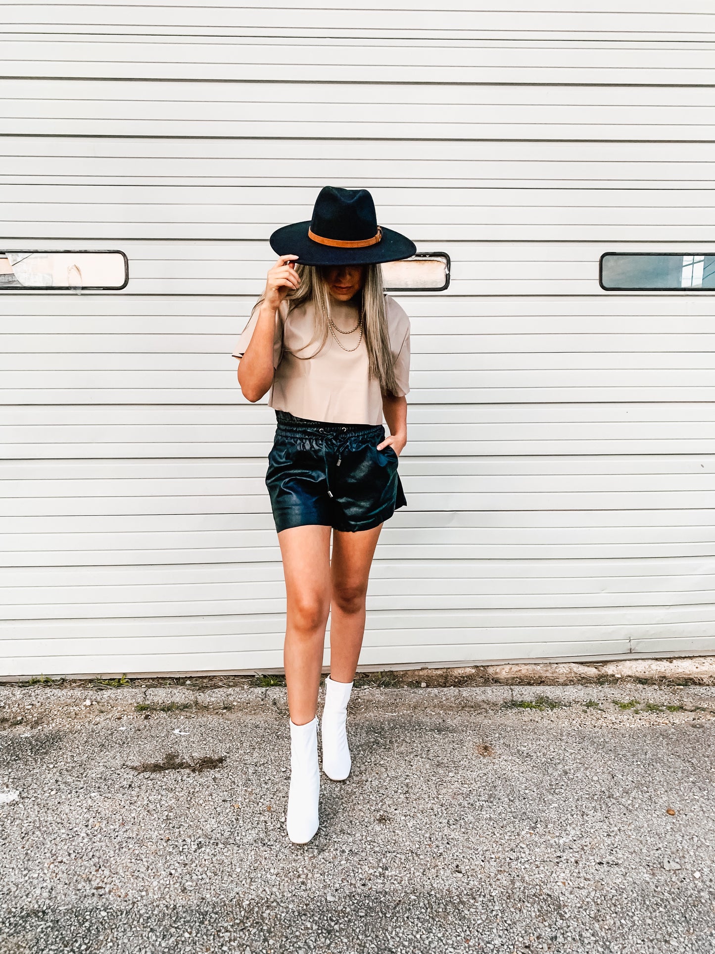 Ash Mocha Vegan Leather Short Sleeve Loose Crop Top