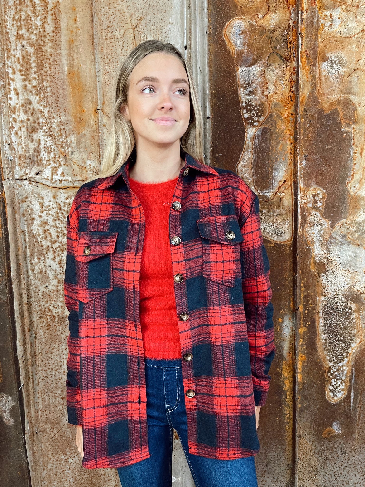 Red/Black Grid Print Oversize Thick Flannel