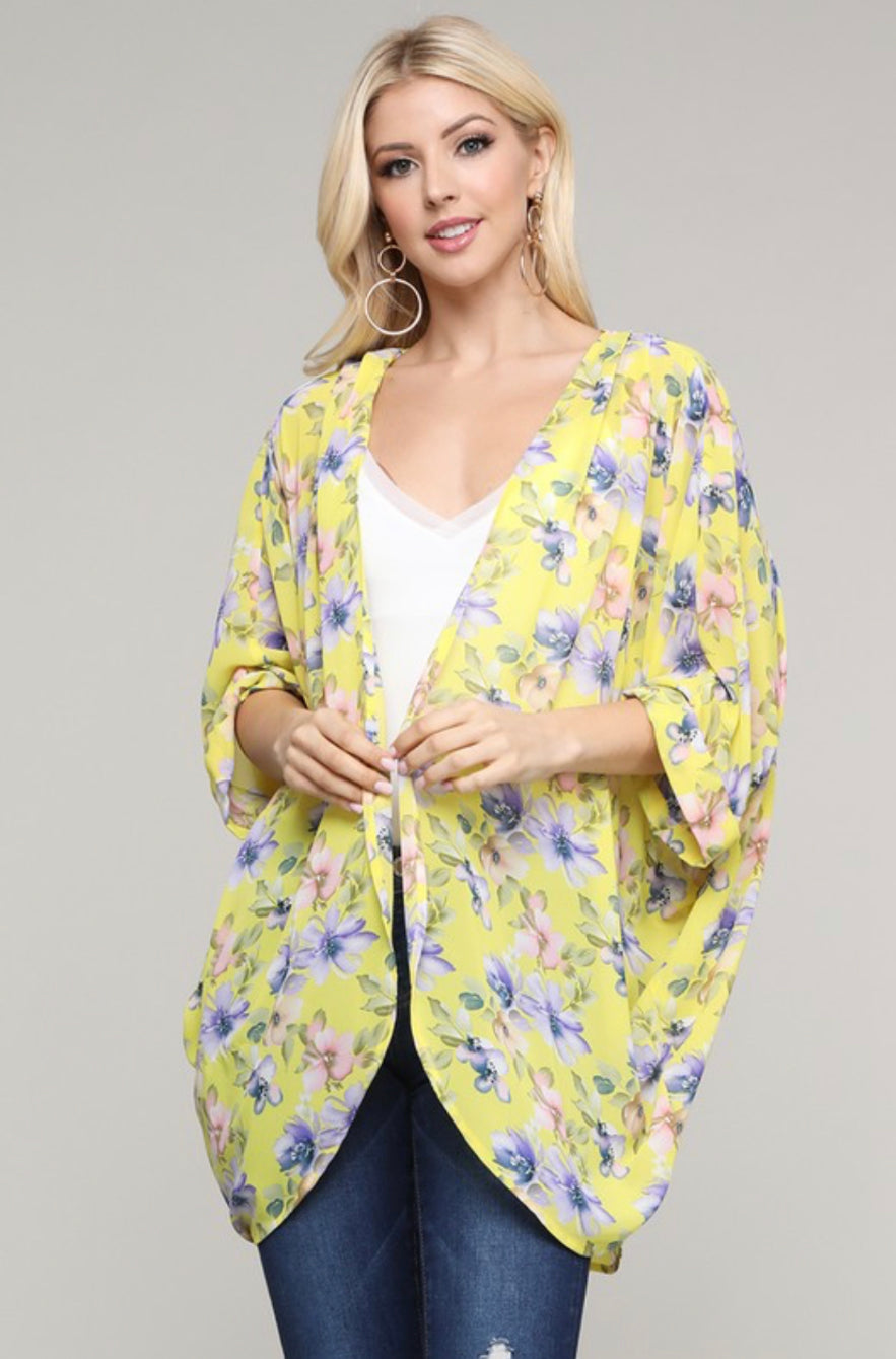 Yellow Floral Open Kimono 3/4 Sleeve - Plus