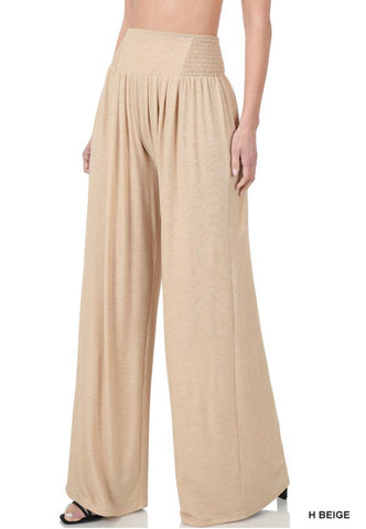 Heather Beige Smocked Waist Wide Leg Pants- Plus
