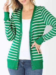 Green & Ivory Stripe Snap Cardigan- Plus