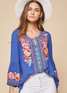 Indigo Bell Sleeve w/ Floral Embroidery Top