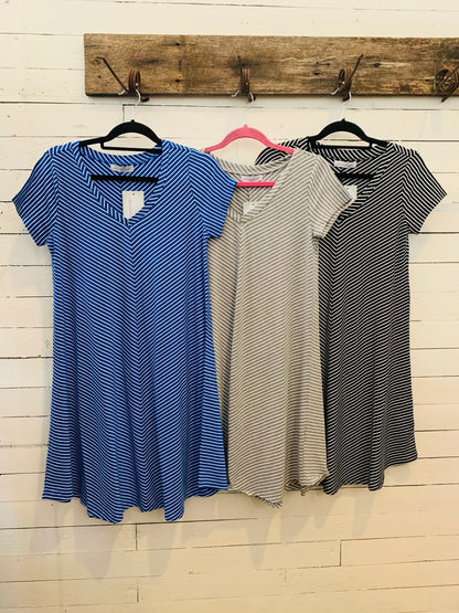 Grey and White Striped V Neck Dress