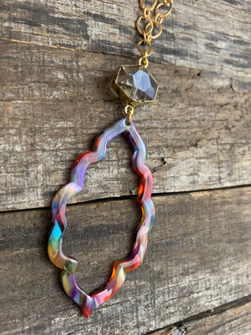 Multicolor Acrylic Pendant with Crystal Long Gold Necklace
