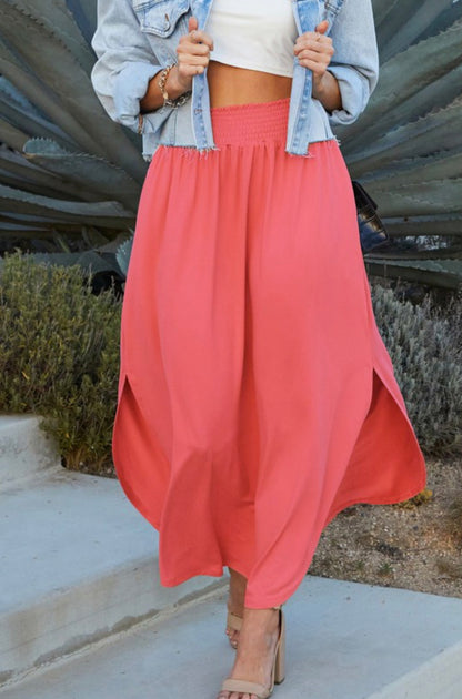 Cranberry Smocking Waistband Maxi Skirt w/ Side Slits