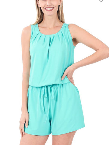 Green Mint Sleeveless Romper w/ Elastic Waist & Pockets