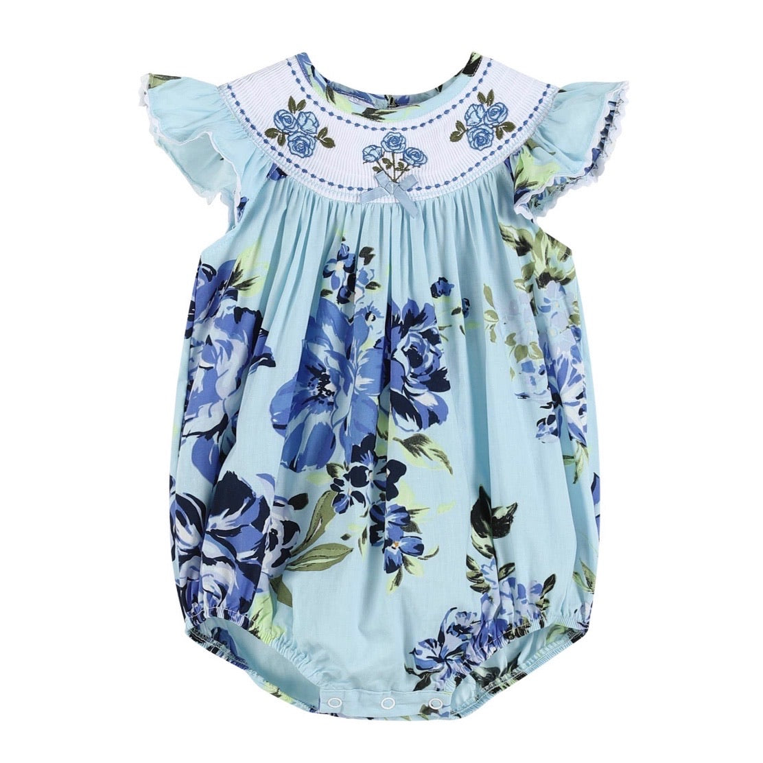 Vintage Blue Rose Print Smocked Romper- Kids