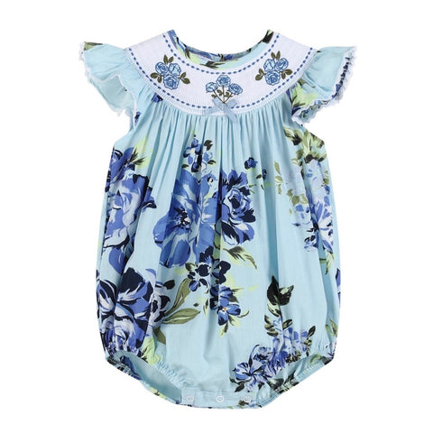 Vintage Blue Rose Print Smocked Romper- Kids