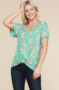 Turquoise Knotted Short Sleeve Top with MultiColor Floral