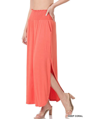 Deep Coral Smocked Waist Maxi Skirt