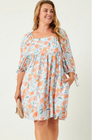 Light Blue Coral Floral Short Dress -Plus