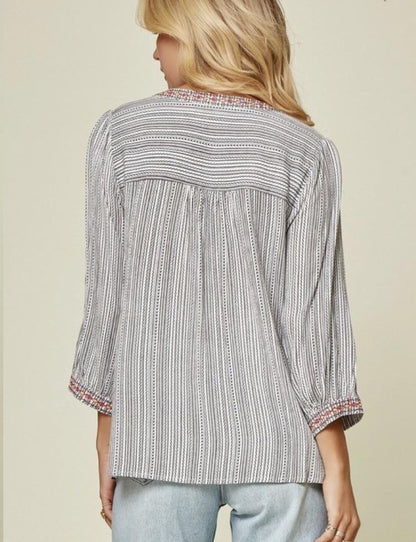 Striped Ivory Black Floral Embroidery Woven Top- Plus
