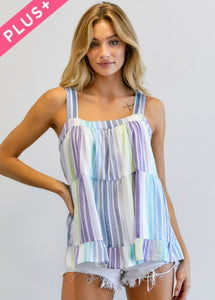 Navy Multi Color Striped Sleeveless Top- Plus