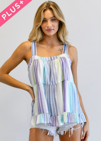 Navy Multi Color Striped Sleeveless Top- Plus