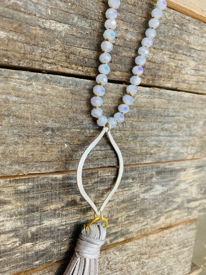 Long Gray Crystal Necklace with Silver Marquise & Tassel