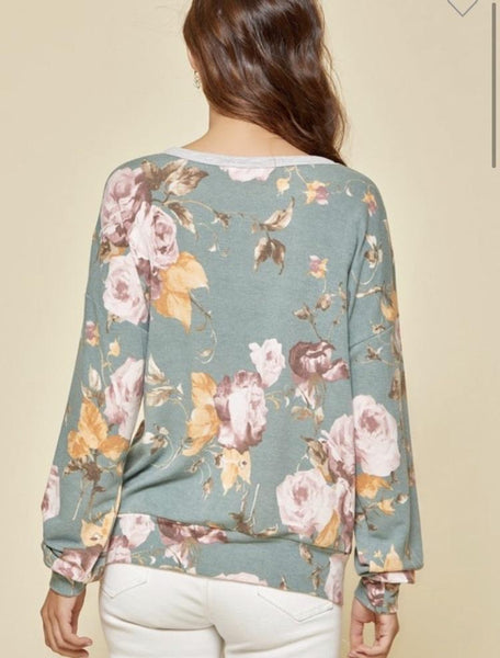 Teal Gray Knit Tunic w/ Floral Print- Plus