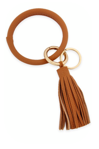 Camel Leather Coated Key Ring w/ Tassel