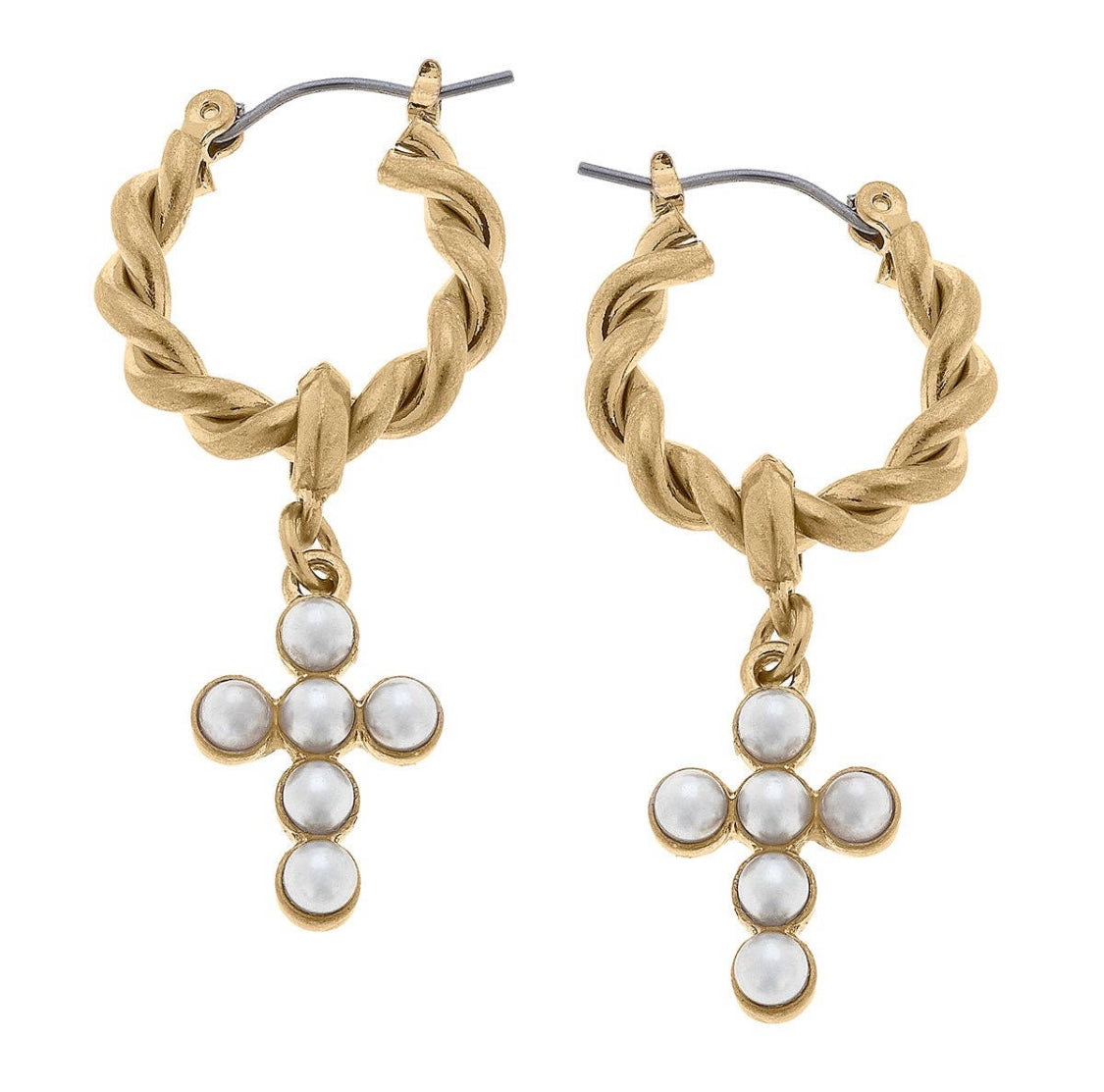 Ellison Twisted Metal & Pearl Cross Earrings