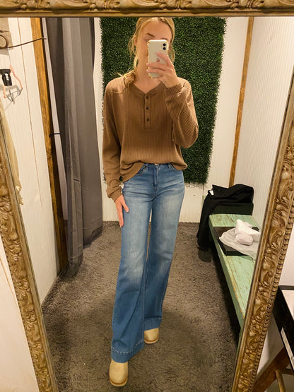 Cocoa Front Button Waffle Knit Top