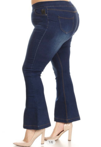 Dark Denim Pull On Flare Jeans - Plus
