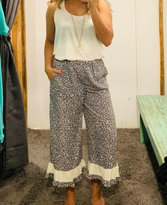 Denim Leopard Print Elastic Waist Wide Leg Cropped Pants