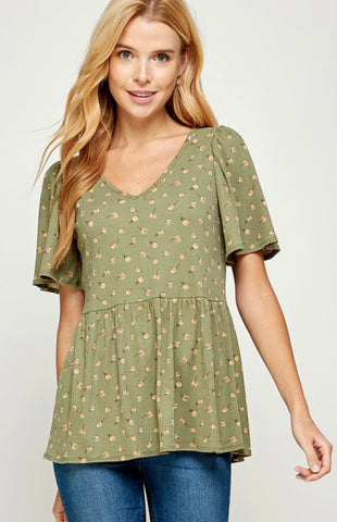 Light Olive Daisy Flower Print Knit Babydoll Top