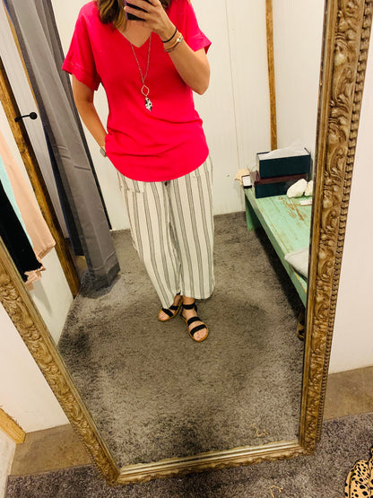 White & Black Striped Waistband Linen Pants