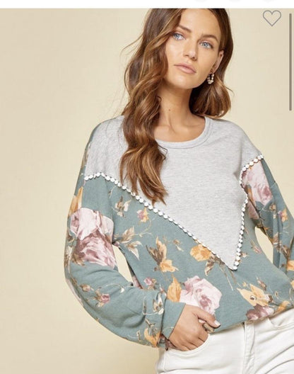 Teal Gray Knit Tunic w/ Floral Print- Plus