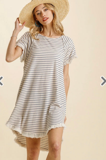 Denim Blue Stripe Ruffle Sleeve Pocket Dress with Raw Hem