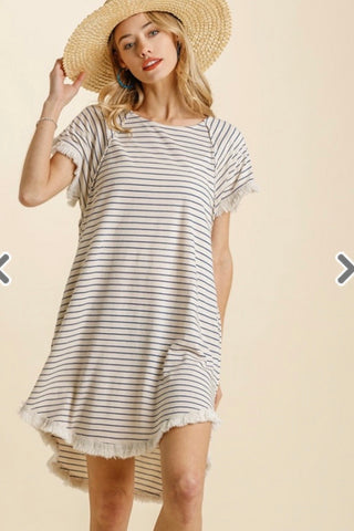Denim Blue Stripe Ruffle Sleeve Pocket Dress with Raw Hem