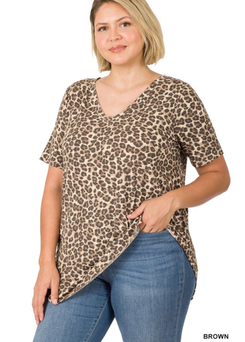 Brown Leopard V-Neck Short Sleeve Top- Plus