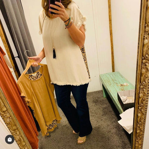 Oatmeal Linen Ruffle Sleeve Top w/ Animal Print Back