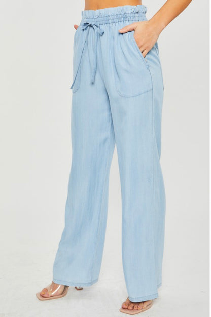 Light Denim Drawstring Waist Tencel Pants