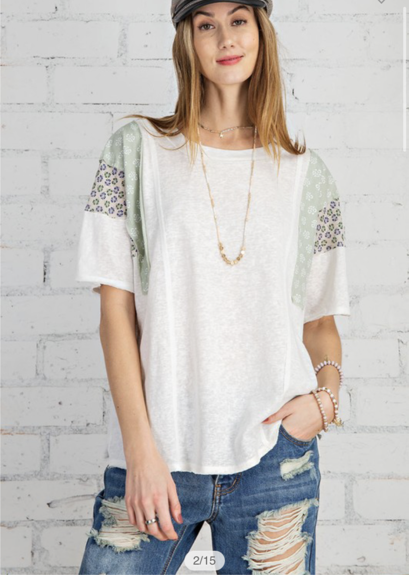 Short Sleeve Mix Print Cotton Slub Loose Fit Top - Off White