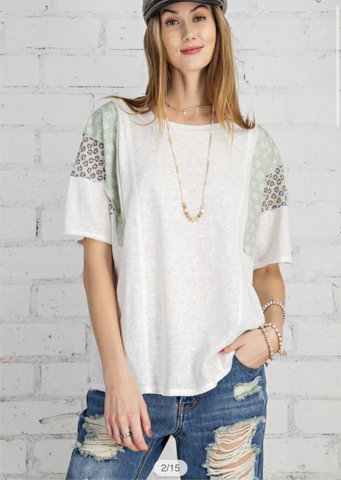 Short Sleeve Mix Print Cotton Slub Loose Fit Top - Off White