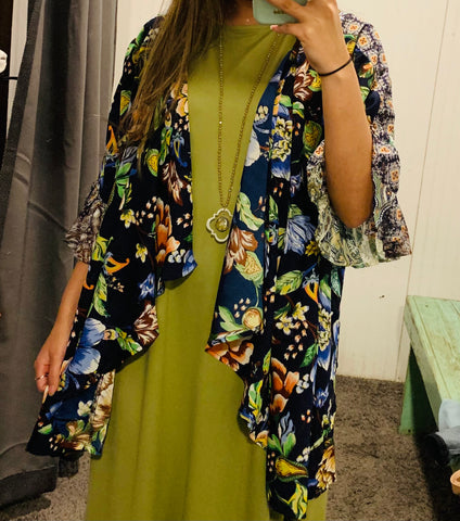 Navy Floral Mixed Print Ruffle Bell Sleeve Kimono