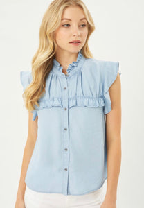 Denim Woven Solid Ruffle Neck Button Front Top