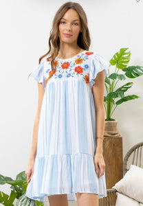 Blue Multi Striped Floral Embroidered Dress