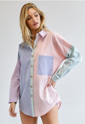 Navy Multi Color Stripe Button Down