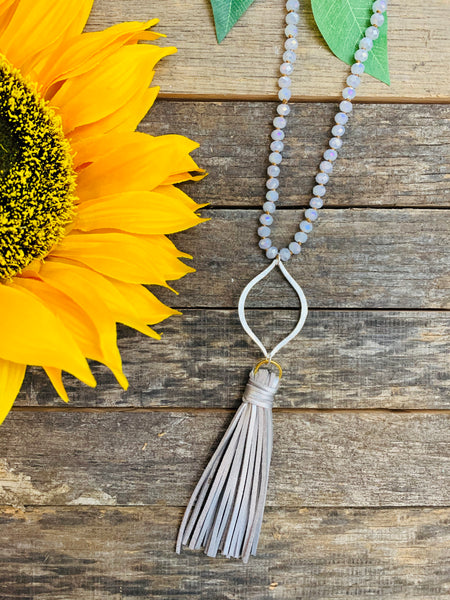 Long Gray Crystal Necklace with Silver Marquise & Tassel