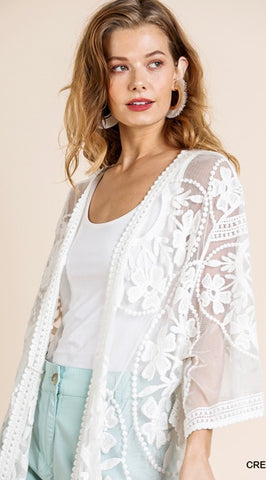 Cream Floral Lace Kimono with Waist Tie