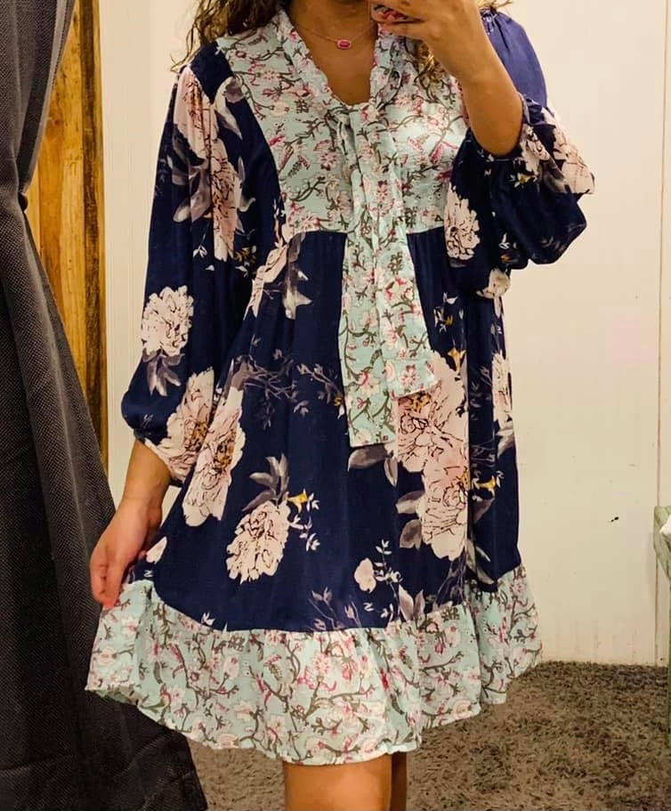 Navy Mix Floral 3/4 Puff Sleeve Dress w/ Keyhole Neck Tie