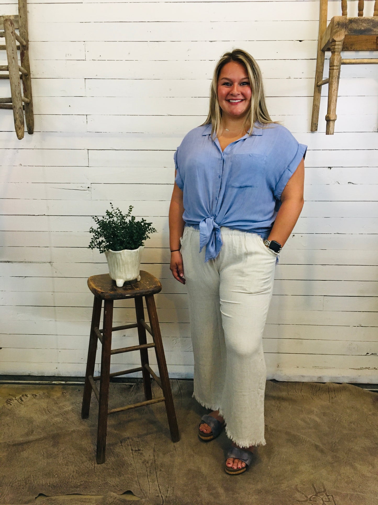 Denim Washed Button Down Top with Fray Hem