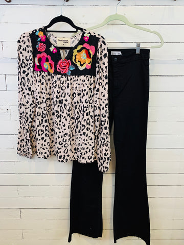 Light Pink Leopard w/ Floral Embroidery Top