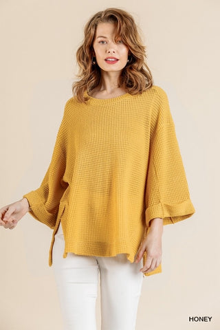 Mustard Waffle Knit 3/4 Sleeve Top