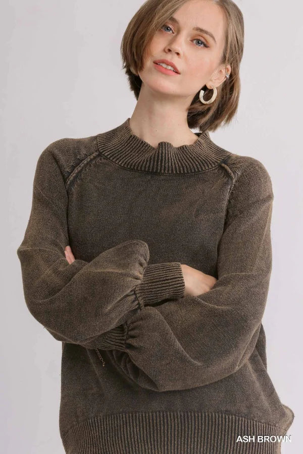Ash Brown Mineral Wash Mock Neck Pullover