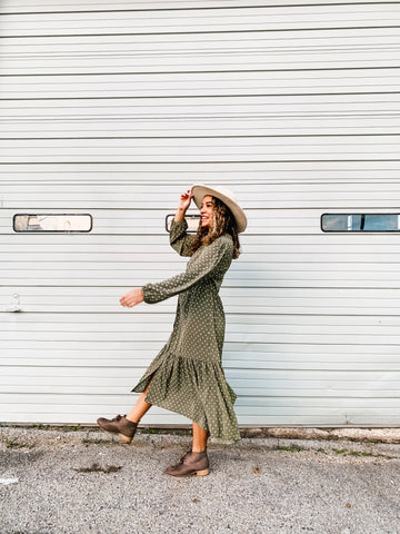 Olive Print Button Front Long Smocked Dress